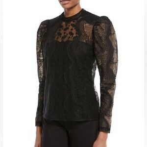 Self-Portrait Scalloped Floral Lace Puff-Sleeve Top